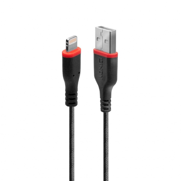 Cablu de date + incarcare USB la iPhone Lightning rezistent 2m Negru, Lindy L31292 imagine noua